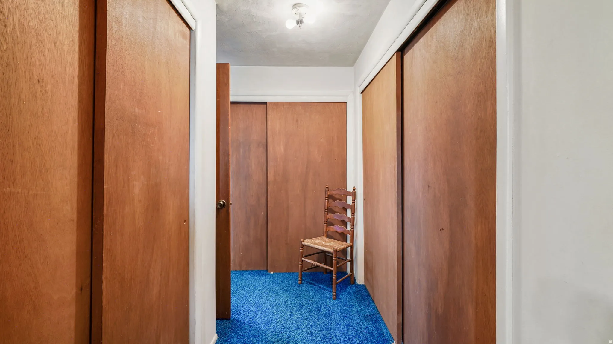 Hallway featuring multiple wood-finish doors and blue carpet flooring