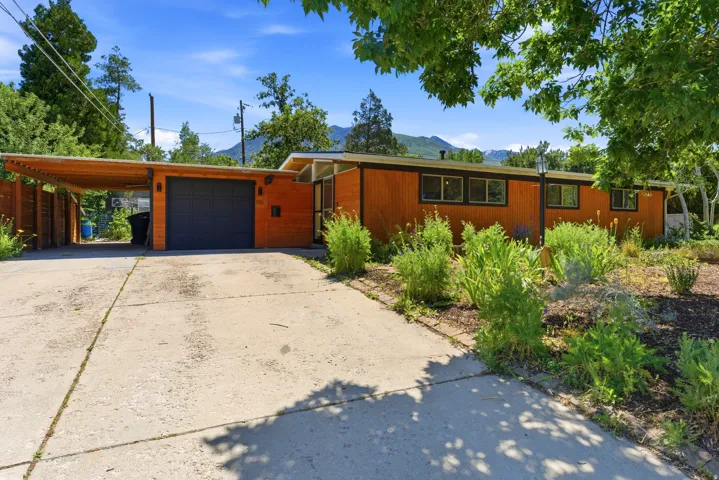 Mid-century modern exterior featuring vertical wood siding and a single-car garage with a dark gray door