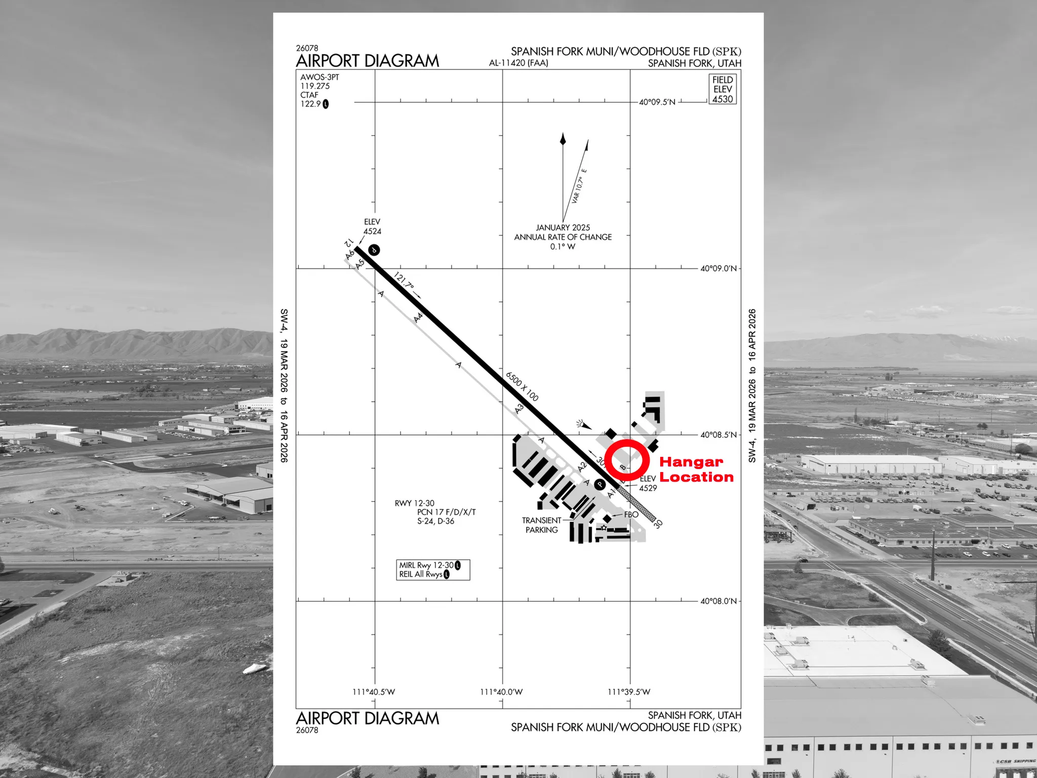 Airport Diagram. Highlighting the location of a hangar within the airport property