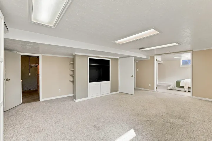 Carpeted room featuring built-in shelving, a built-in media cabinet with lower storage, and recessed lighting