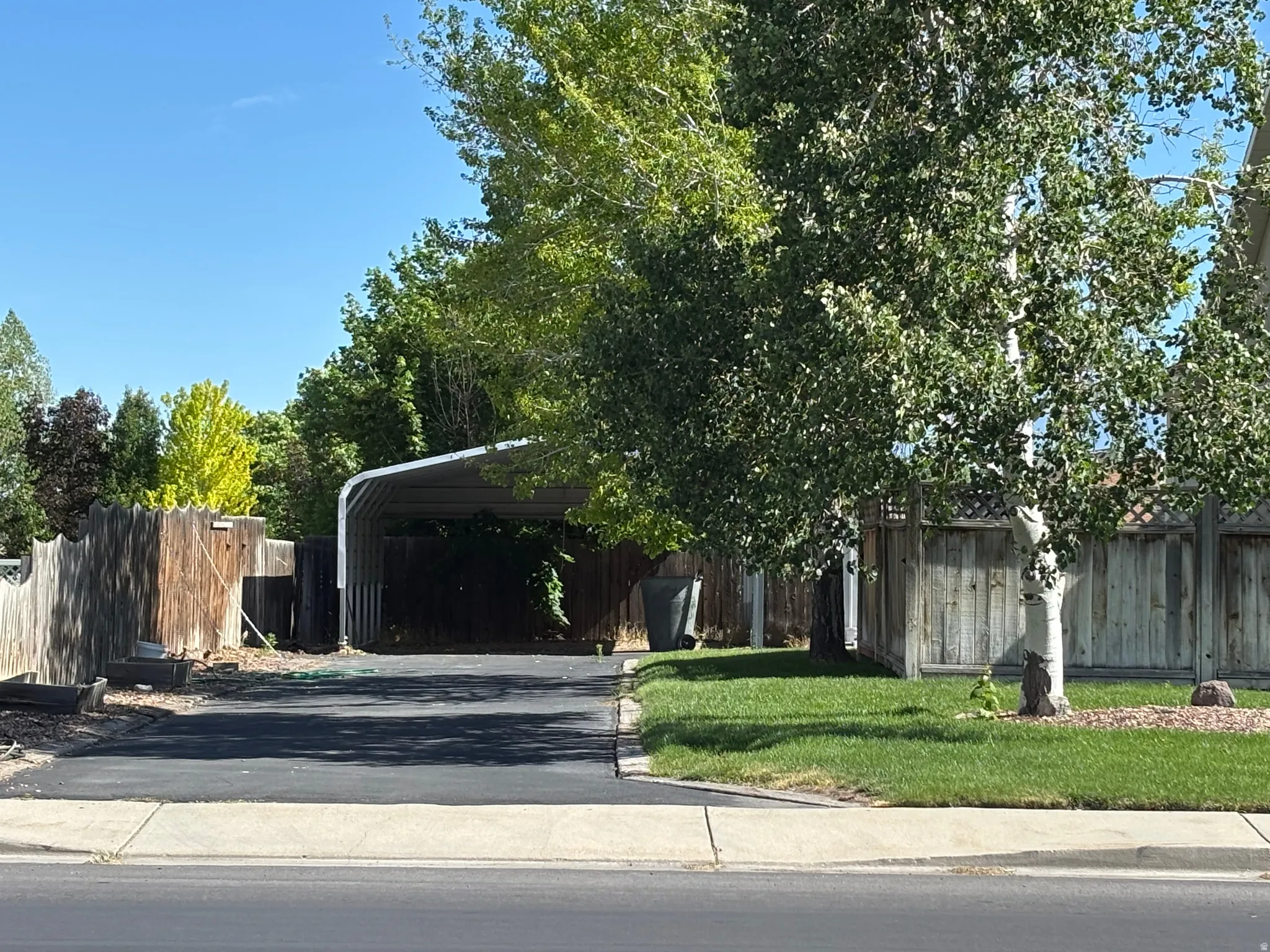 Paved driveway with a metal carport structure, bordered by mature trees and a wood fence
