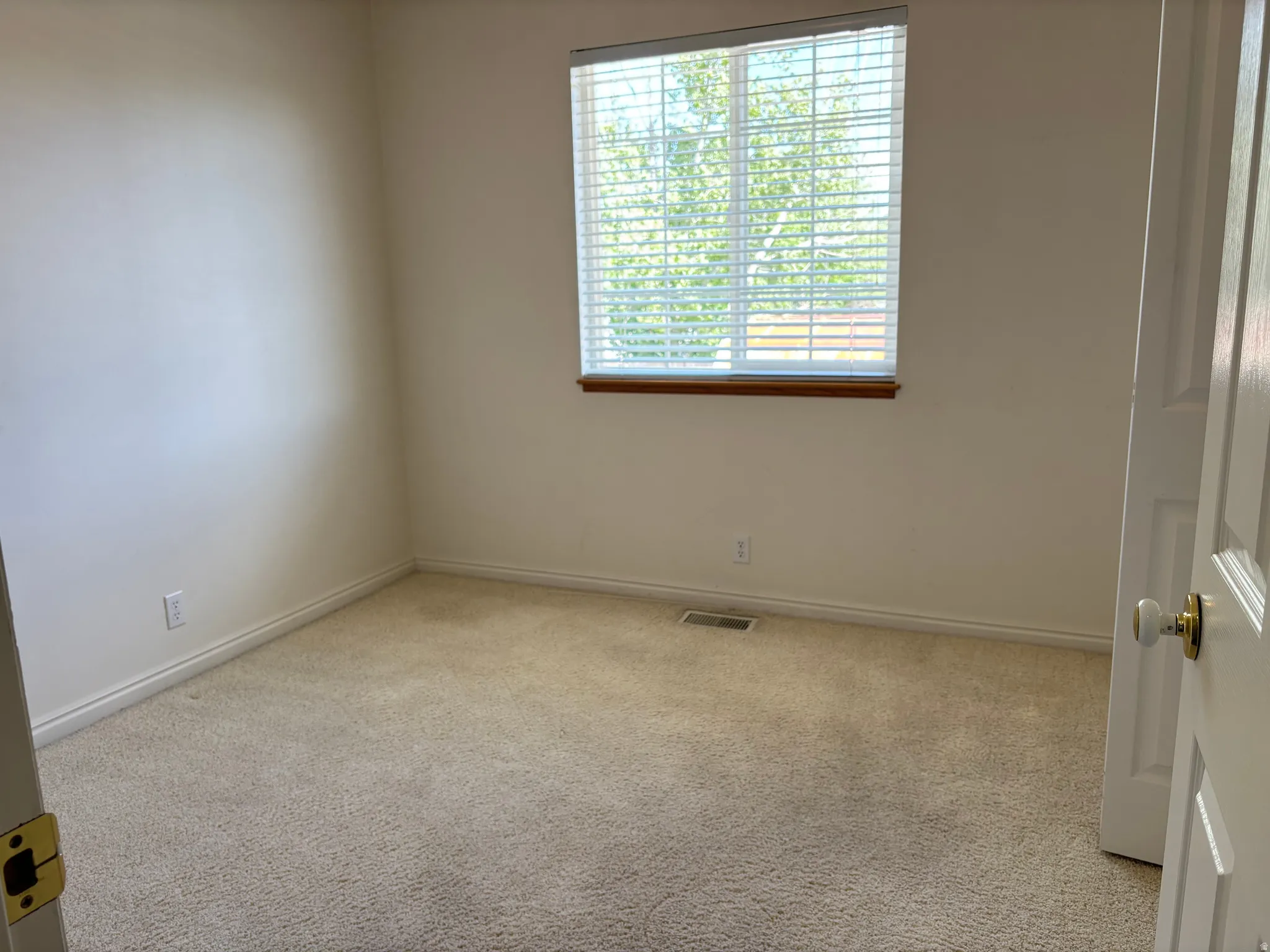 Carpeted room with a window featuring white blinds and wood trim