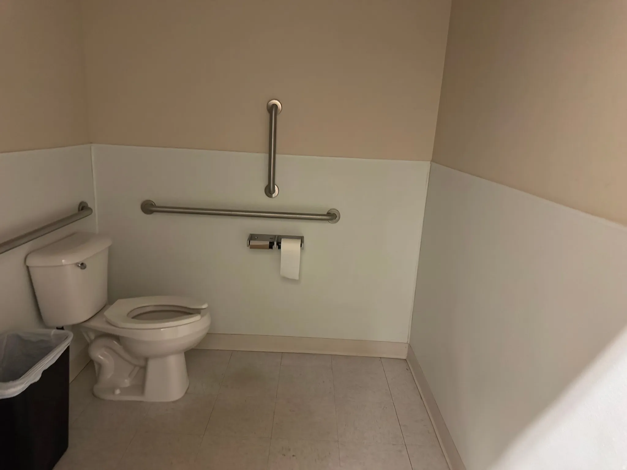 White toilet with chrome grab bars