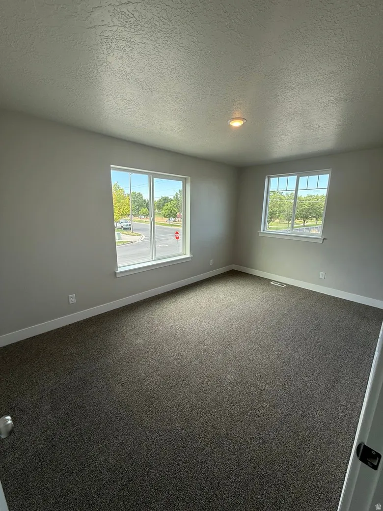 Spacious room featuring neutral paint, two large windows, durable carpeting, recessed ceiling lighting, and white baseboards