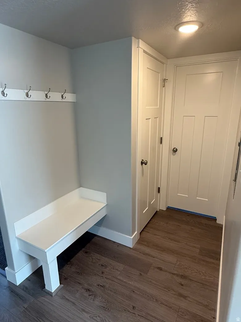 Entryway featuring a built-in bench, wall-mounted coat hooks, two panel doors, recessed lighting, and wood-finish flooring