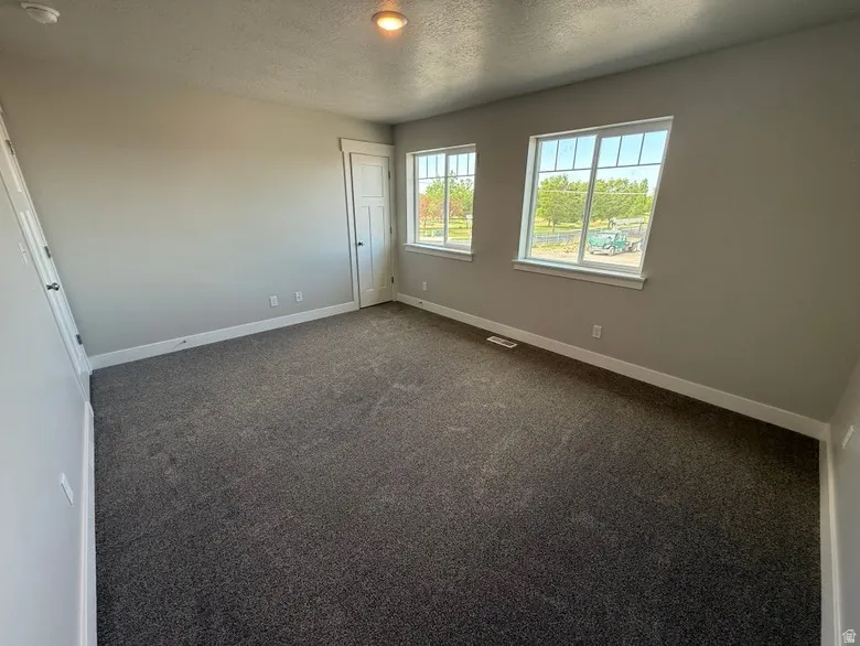 Carpeted room featuring neutral wall paint, white trim, and two windows with white frames