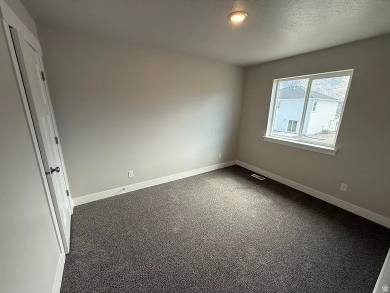 Bright room featuring neutral-toned walls, textured gray carpeting, white trim, and a window offering natural light