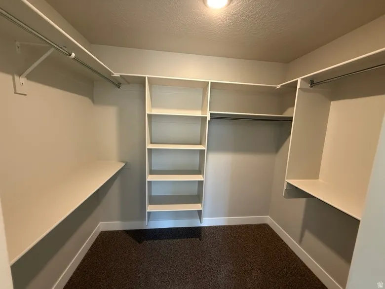 Walk-in closet with integrated shelving, multiple hanging rods, and dark textured carpet flooring
