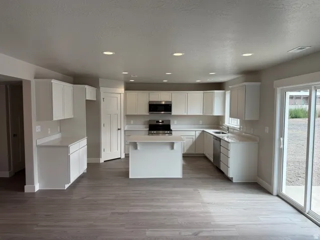 Open-concept kitchen featuring an island, white cabinetry, integrated stainless steel appliances, wood-finish flooring, and a sliding glass door for outdoor access