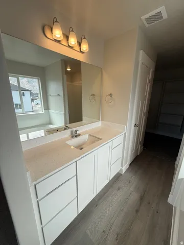 Bathroom featuring a dual-sink vanity with white cabinetry and a light-toned countertop