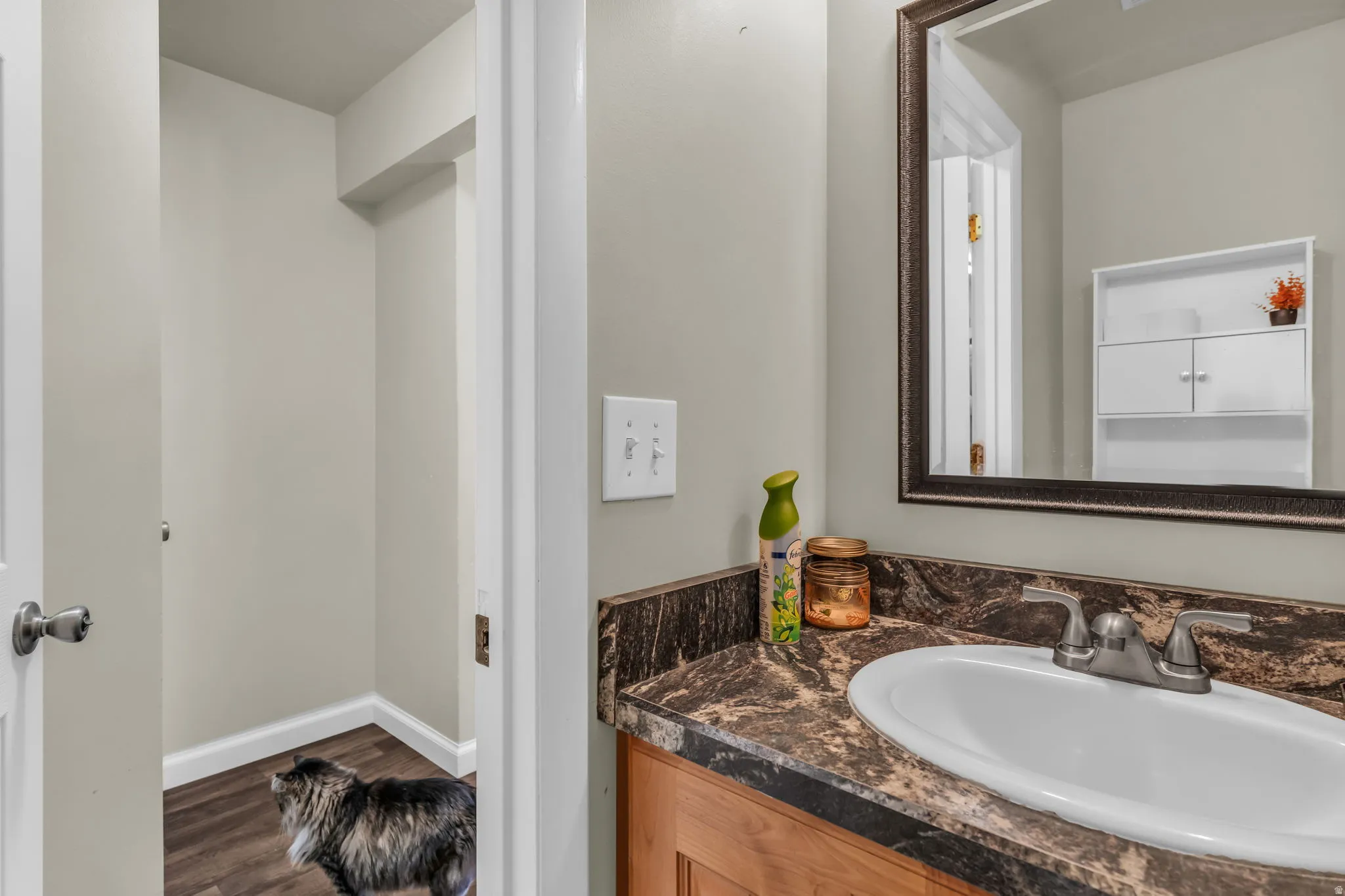 Bathroom vanity featuring a drop-in sink, brushed nickel faucet, and a dark patterned countertop