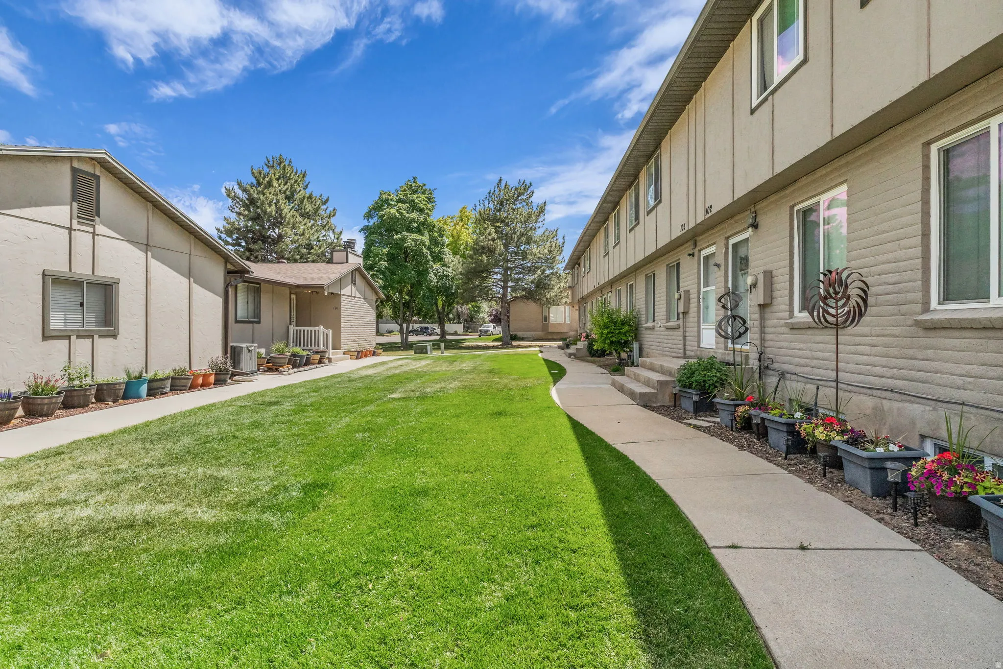 Expansive common green space with mature trees and paved walkways