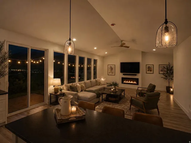 Spacious living area featuring a vaulted ceiling with recessed lighting and a ceiling fan, wood-finish flooring, and a wall-mounted linear fireplace