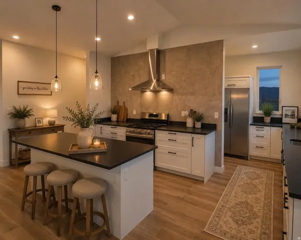 Modern kitchen featuring an island with seating, dark countertops, white cabinetry with dark hardware, stainless steel appliances, and wood-finish flooring