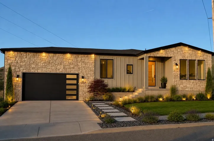 Modern architectural exterior featuring stone and vertical siding, a contemporary garage door with frosted glass panels, an illuminated concrete driveway, a stepping stone pathway, and extensive landscape lighting