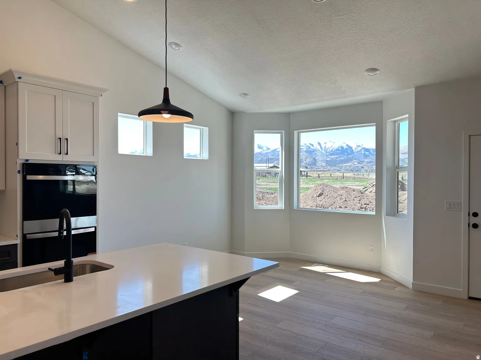 Open-concept interior featuring light wood-finish flooring and a vaulted ceiling