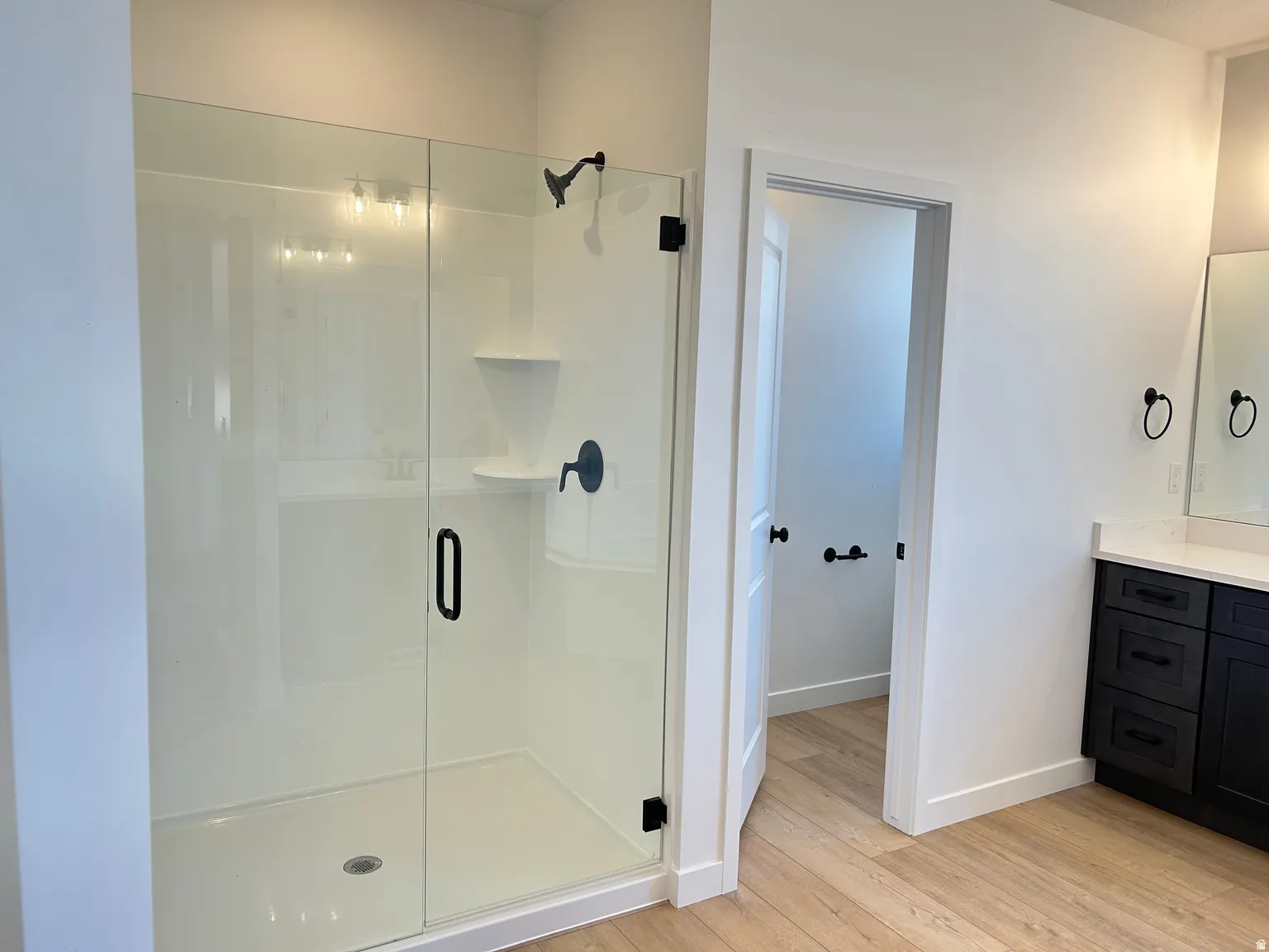 Glass-enclosed shower featuring matte black fixtures and built-in shelving