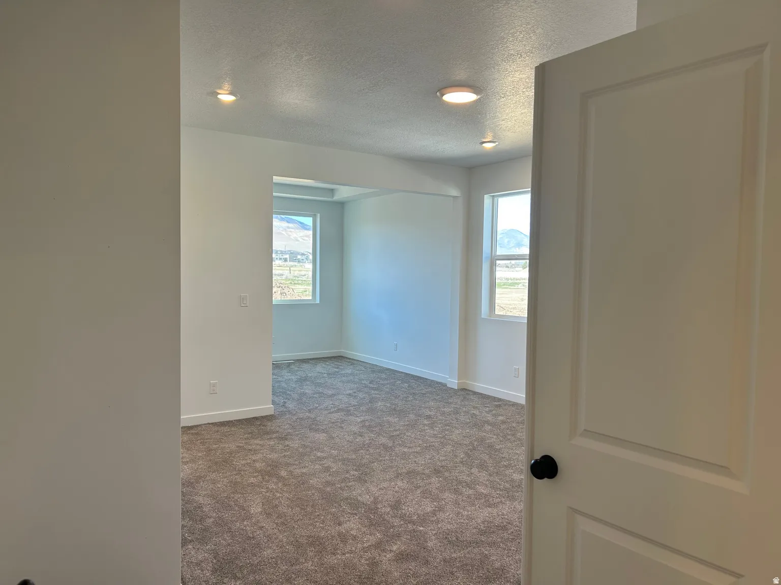 Open interior space featuring plush gray carpeting, white walls, and a tray ceiling