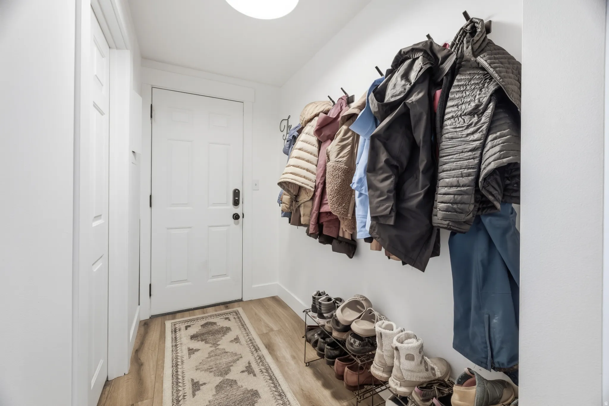 Entryway featuring wood-finish flooring and a multi-panel door
