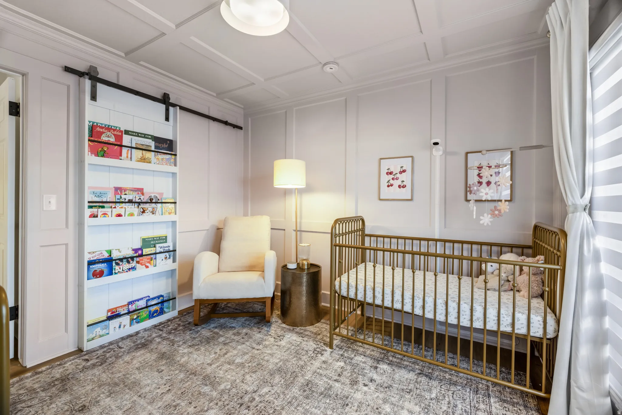 Wall paneling and a coffered ceiling define this interior space