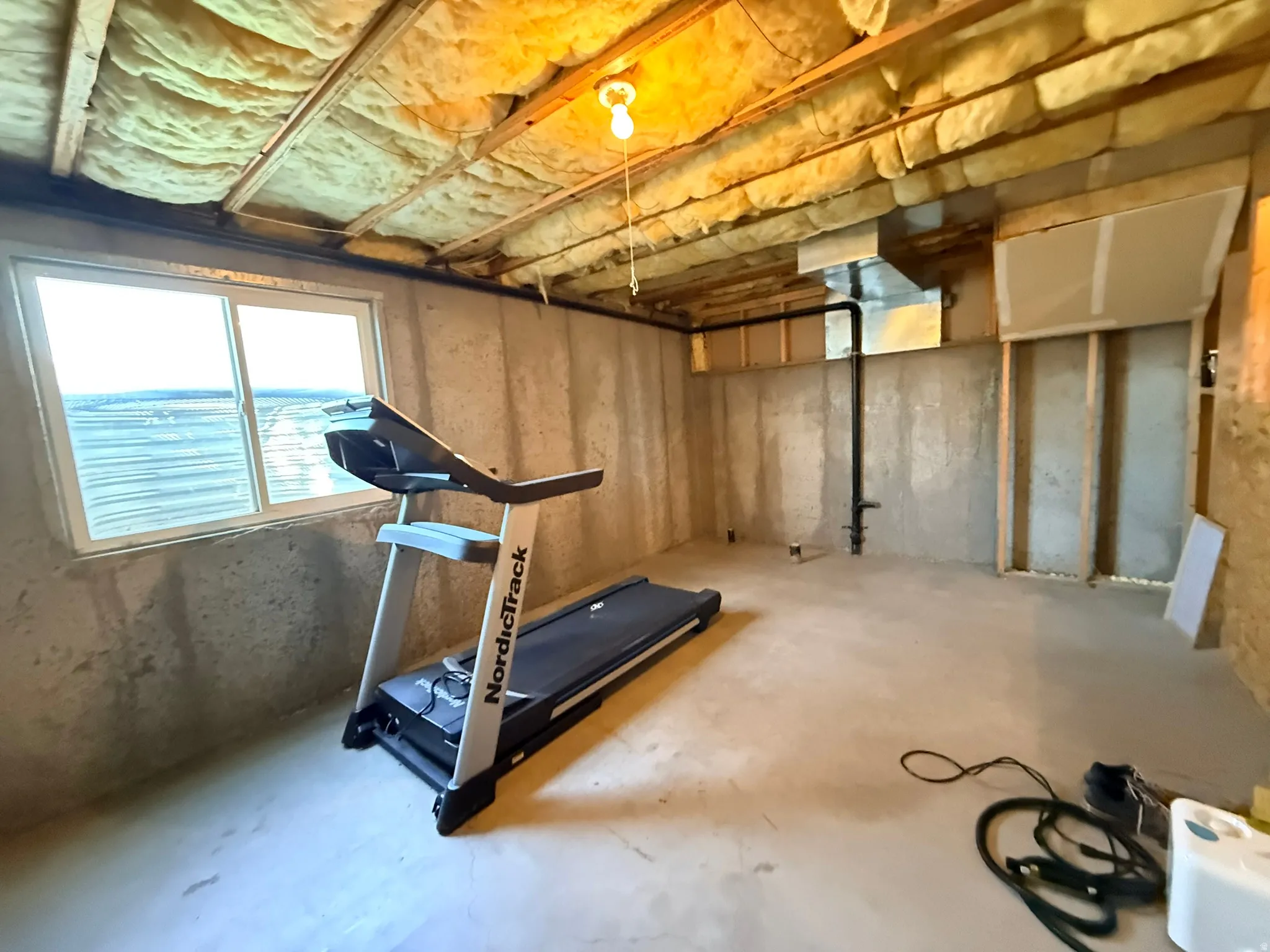 Basement space featuring concrete flooring and exposed concrete walls