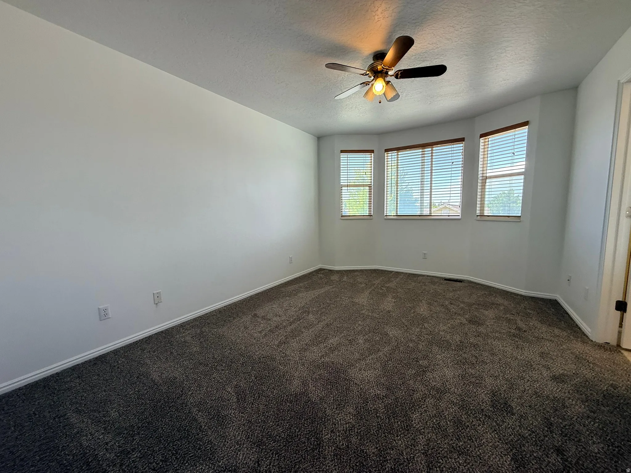 Spacious room featuring neutral carpeting, light-colored walls, and a bay window with three individual windows