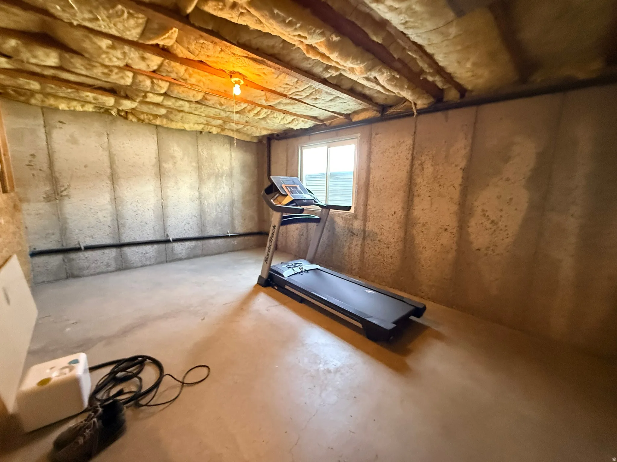 Daylight basement space featuring exposed wood joists with insulation, concrete walls, and a concrete floor