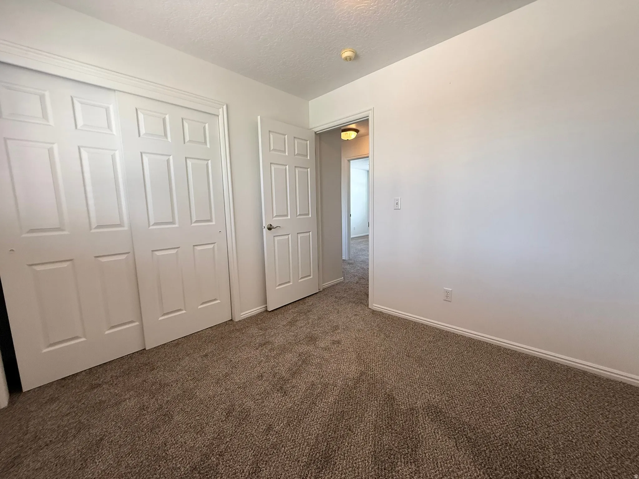 Neutral-toned carpeting extends throughout the room, complemented by white walls and trim