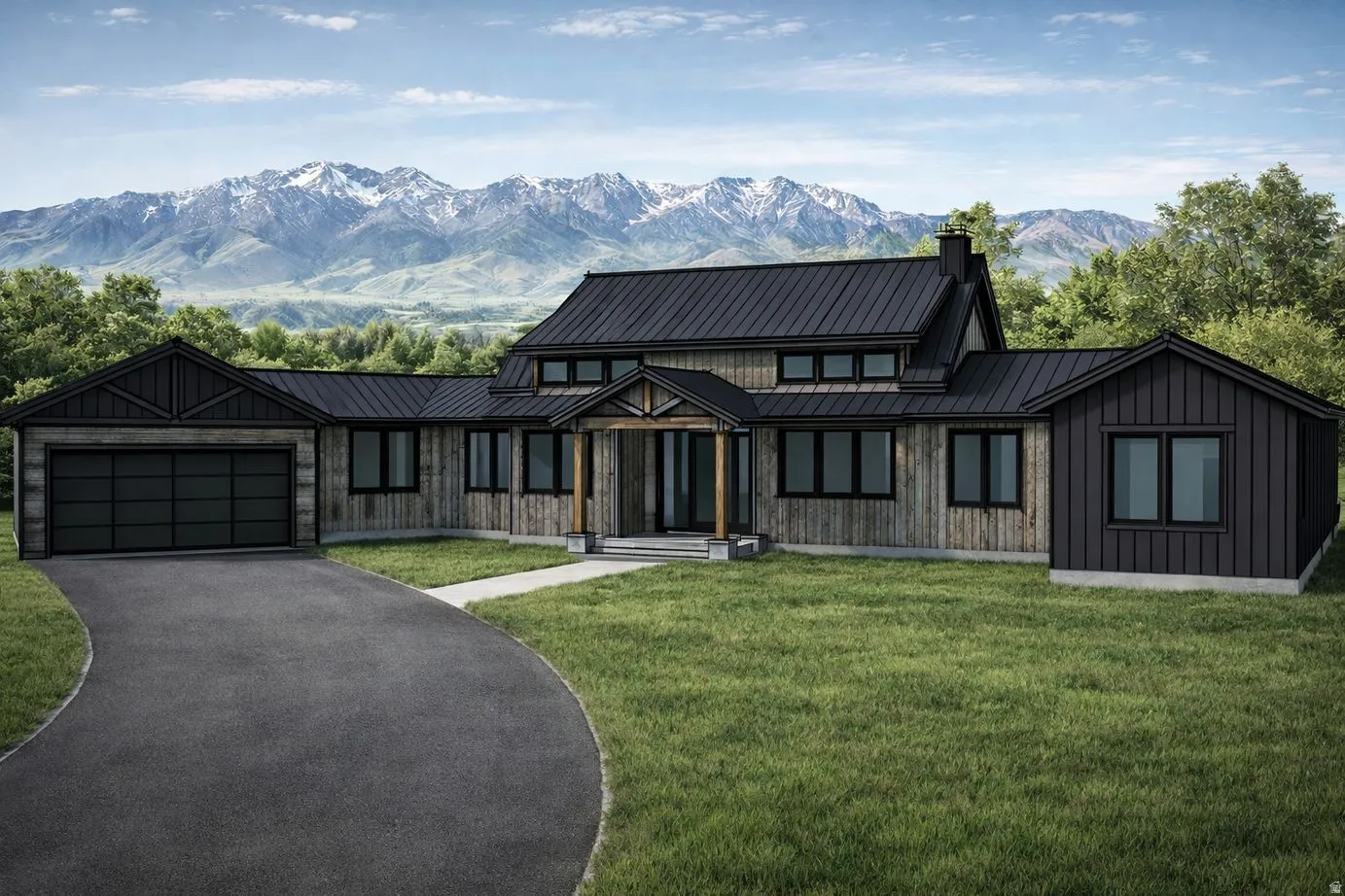 Contemporary farmhouse exterior featuring vertical wood siding and a dark metal roof