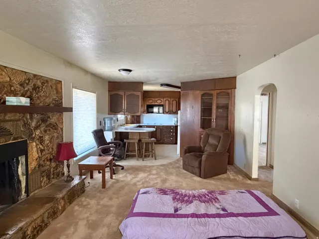 Carpeted living area featuring a stone fireplace with a wood mantle, a white window blind, and an arched doorway