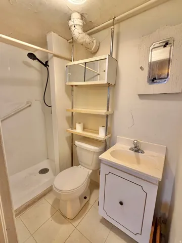 Compact bathroom featuring a white shower stall, a toilet, and a vanity with an integrated sink