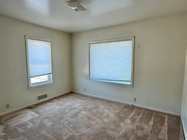 Room featuring two windows with horizontal blinds, light-toned walls, and a ceiling-mounted light fixture