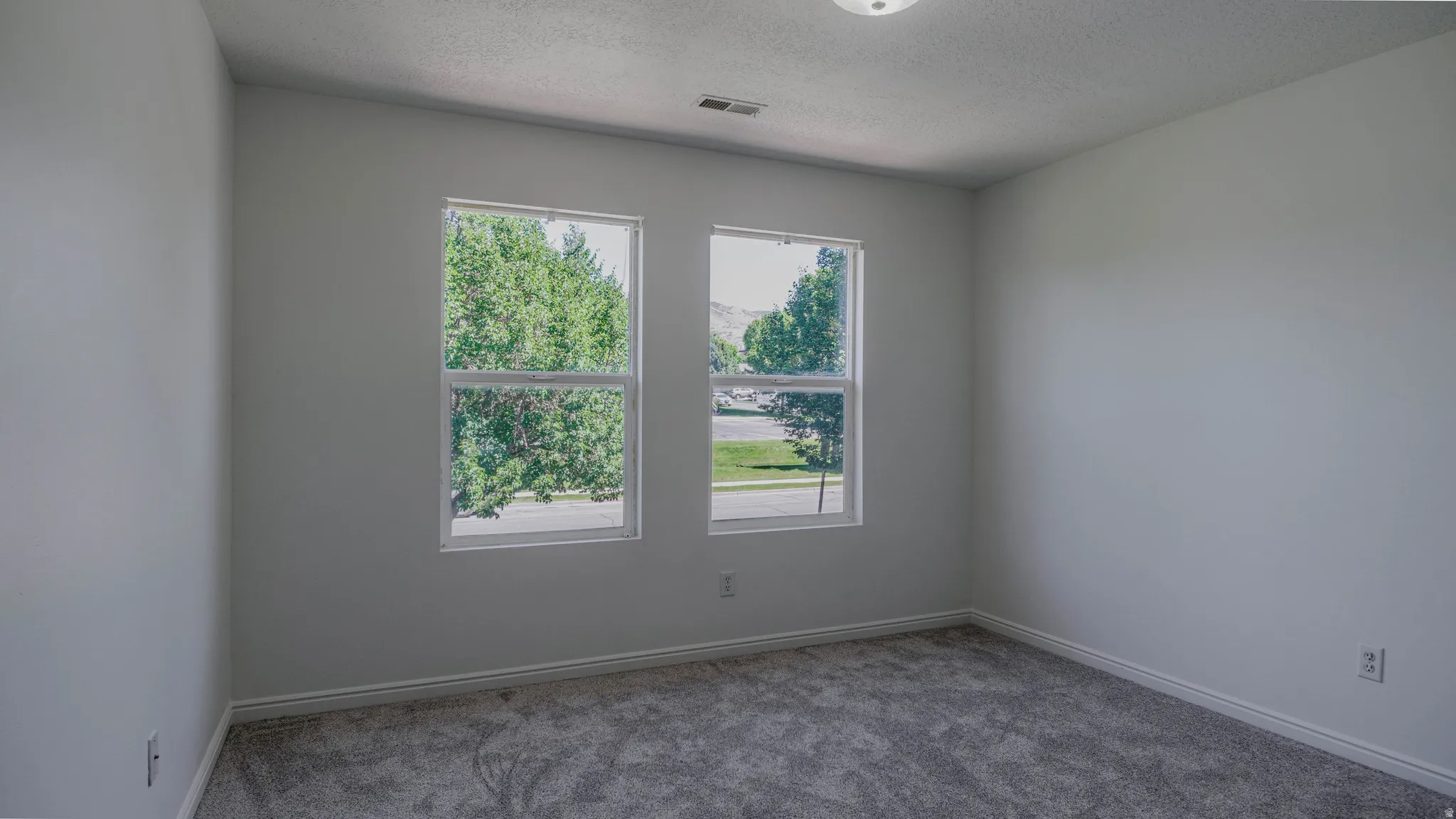 Light-filled interior space featuring two large windows, neutral gray wall paint, and gray textured carpet