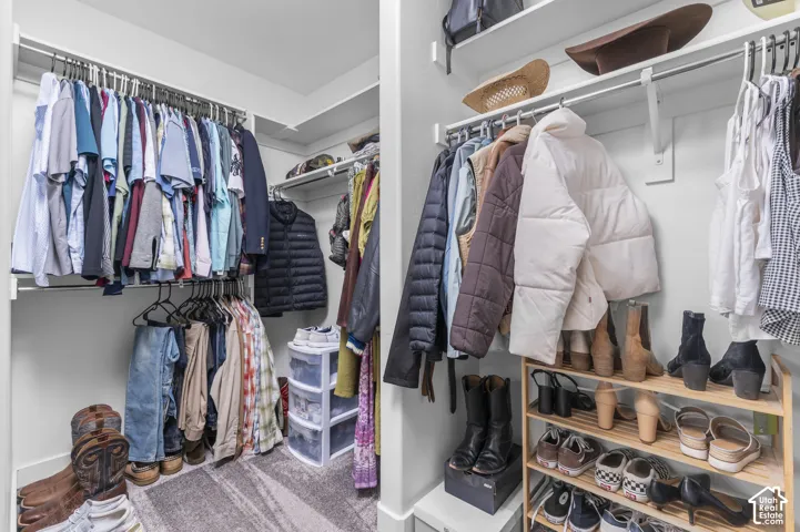 Custom closet system featuring multiple hanging rods, integrated shelving, and carpet flooring