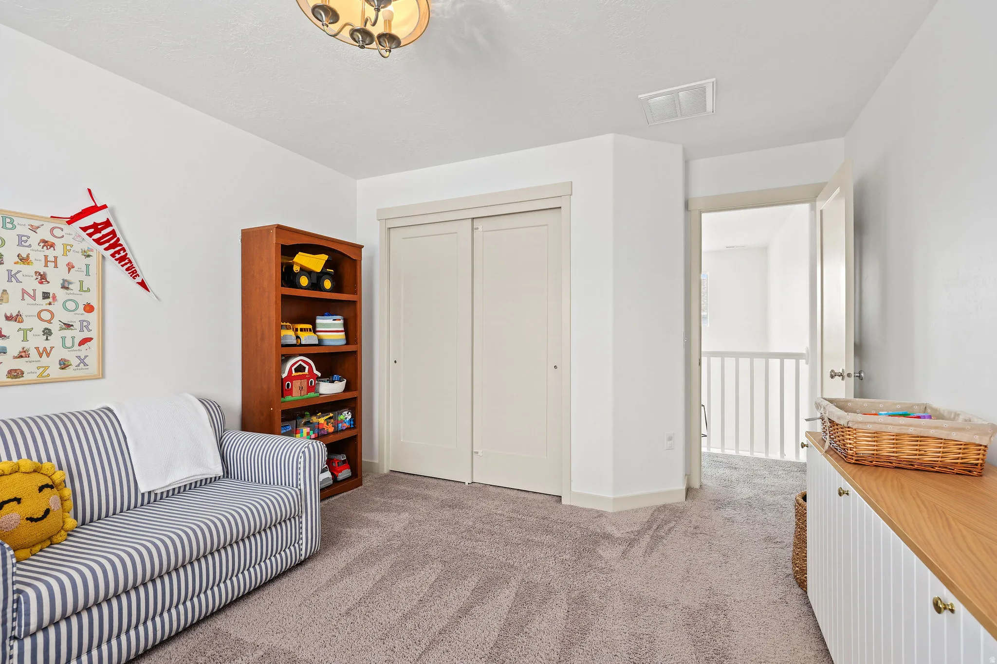 Carpeted room featuring a double-door closet, a built-in storage unit with a wood-finish top, and a ceiling-mounted light fixture