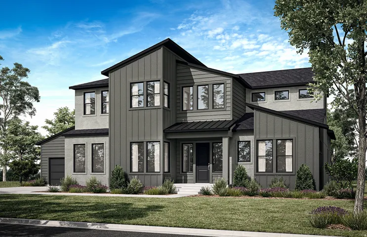 Contemporary architectural design featuring a multi-textured facade, dark-framed windows, and a black shingle roof