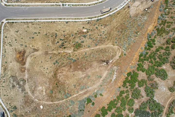Elevated parcel featuring natural vegetation and a paved road with sidewalk
