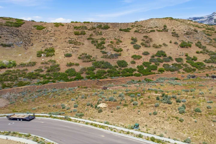 Expansive land parcel featuring natural desert vegetation, a paved road, and a distant mountain backdrop