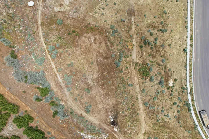 Expansive undeveloped land featuring natural foliage and a paved road with an adjacent sidewalk