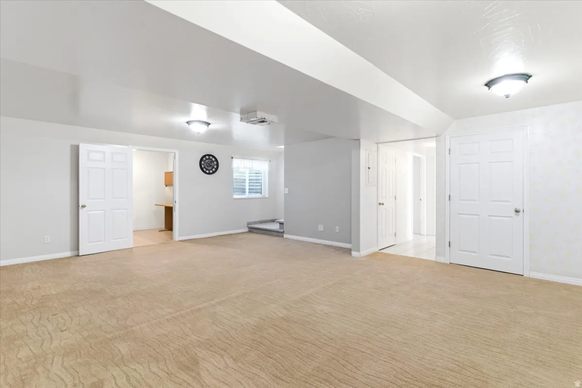 Carpeted interior space featuring white trim, multiple paneled doors, and ceiling-mounted light fixtures