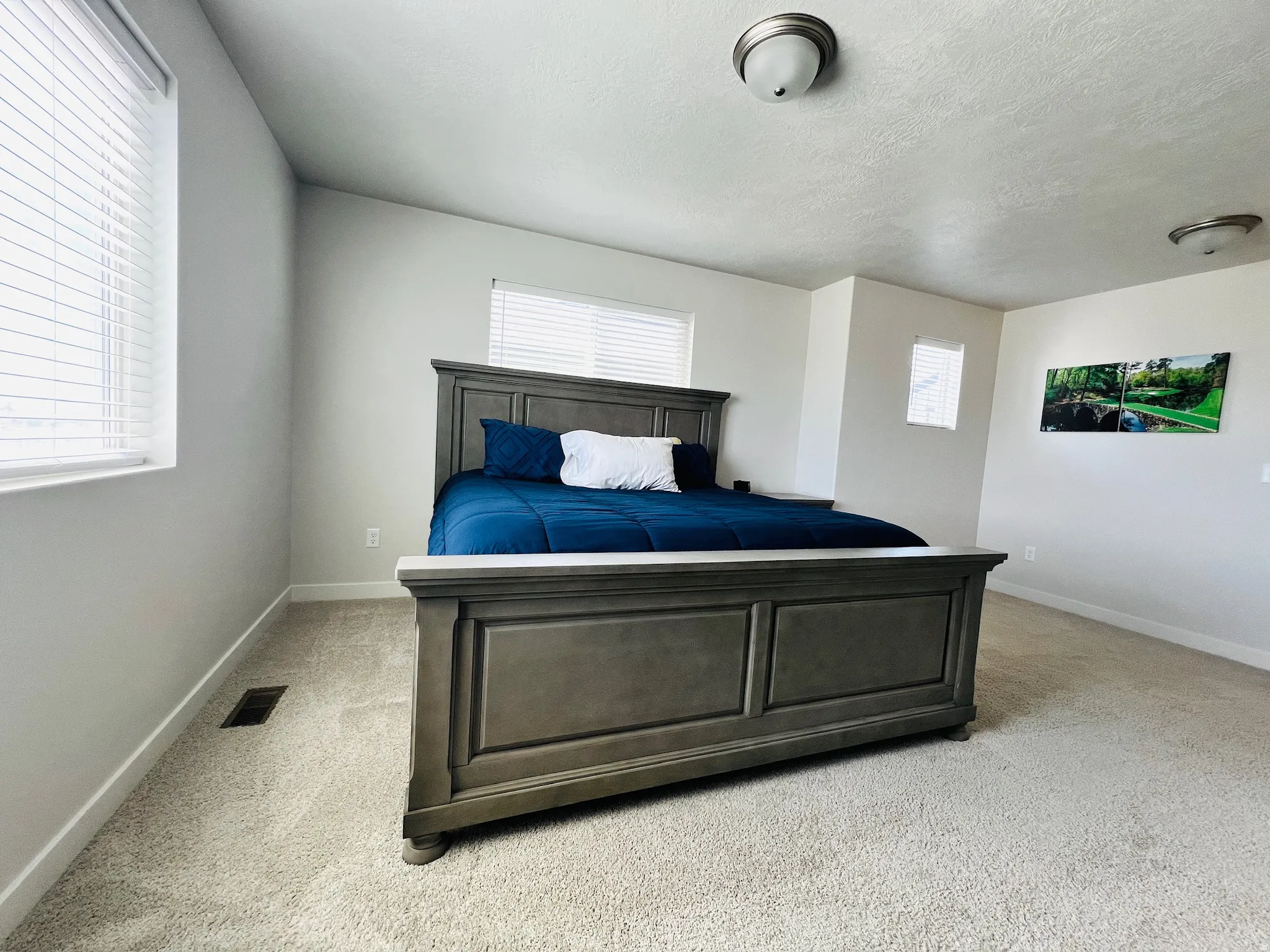 Spacious room featuring light-toned walls, plush carpeting, and two windows equipped with blinds