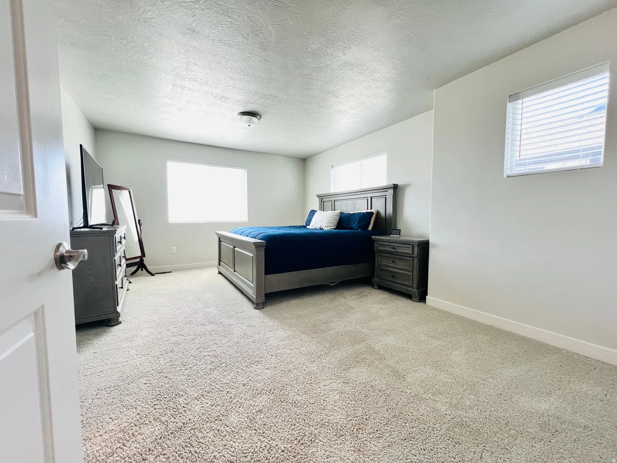 Spacious room featuring neutral carpet flooring, light-colored walls, multiple windows with blinds, a ceiling-mounted light fixture, and white baseboards