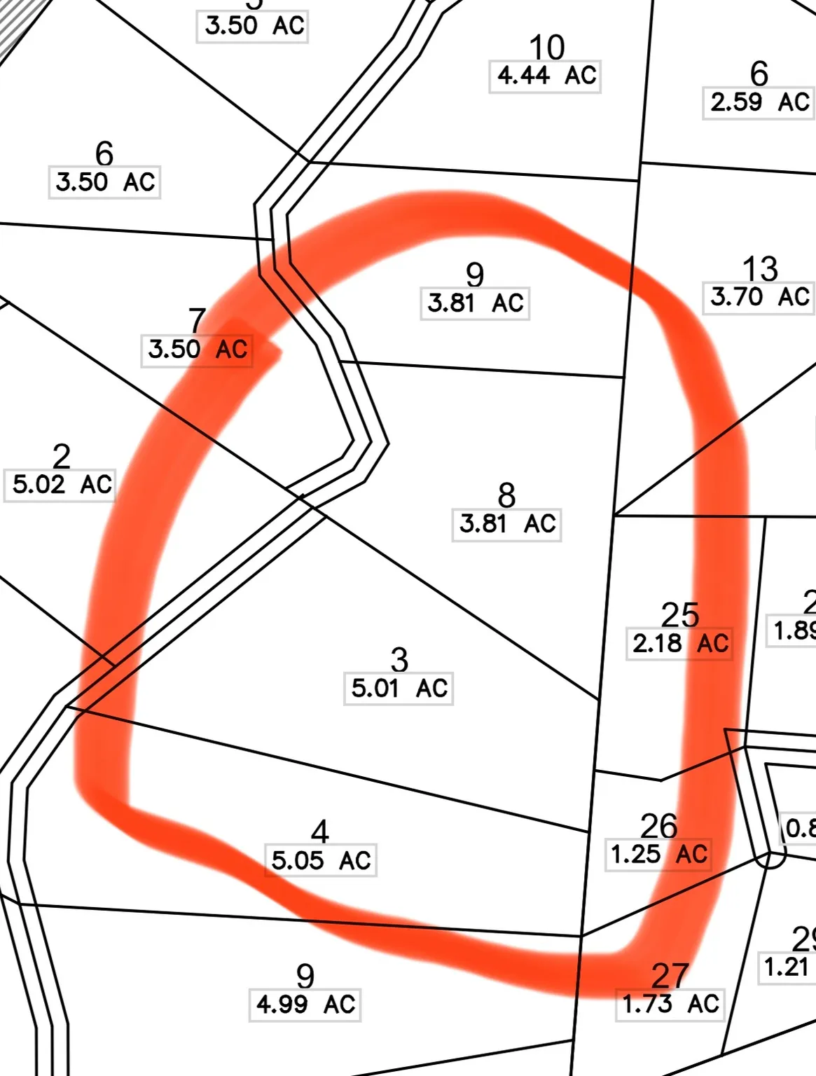 Plat Map. Illustrating property divisions and corresponding acreage measurements