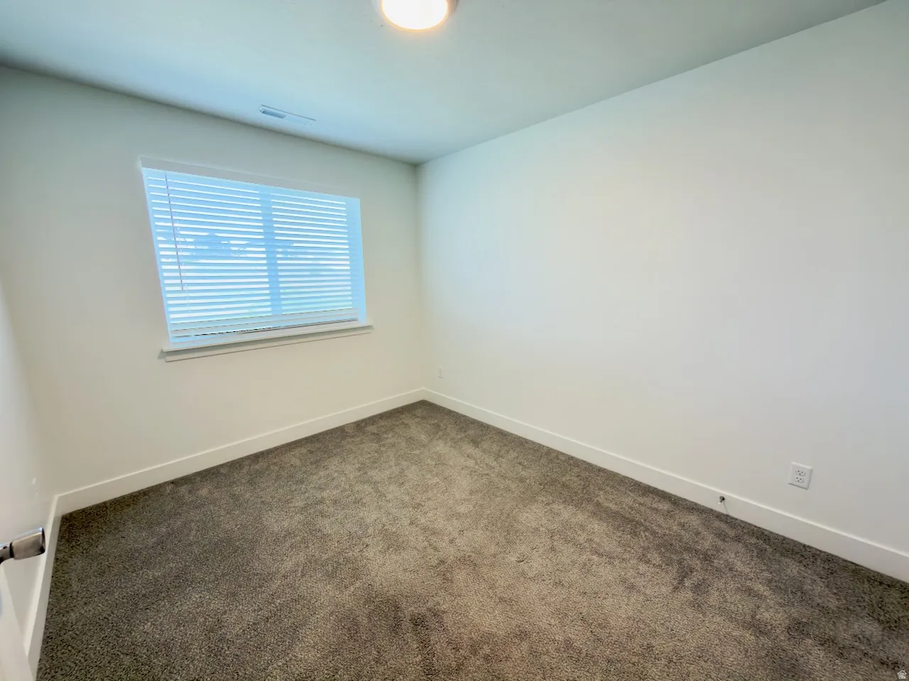 Carpeted room featuring a single window with horizontal blinds, white walls, and a flush-mount ceiling light
