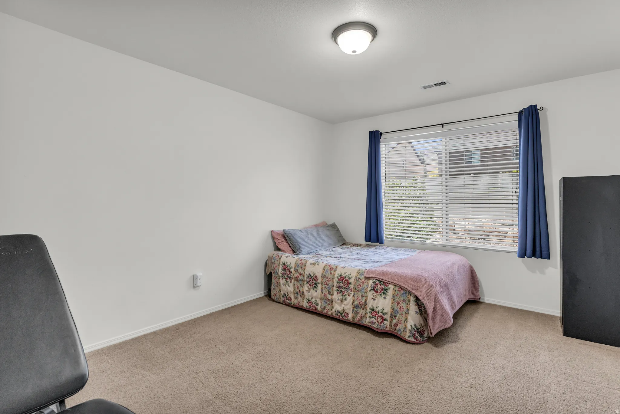 Carpeted room featuring a window with horizontal blinds, blue drapes, and a flush-mount ceiling light fixture