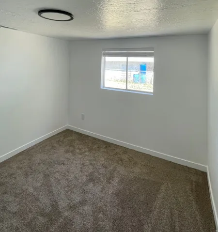 Carpeted room featuring a double-pane window, white walls, and a modern flush-mount ceiling light
