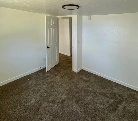 Carpeted interior room featuring neutral wall paint, white baseboards, and a white six-panel door with black hardware