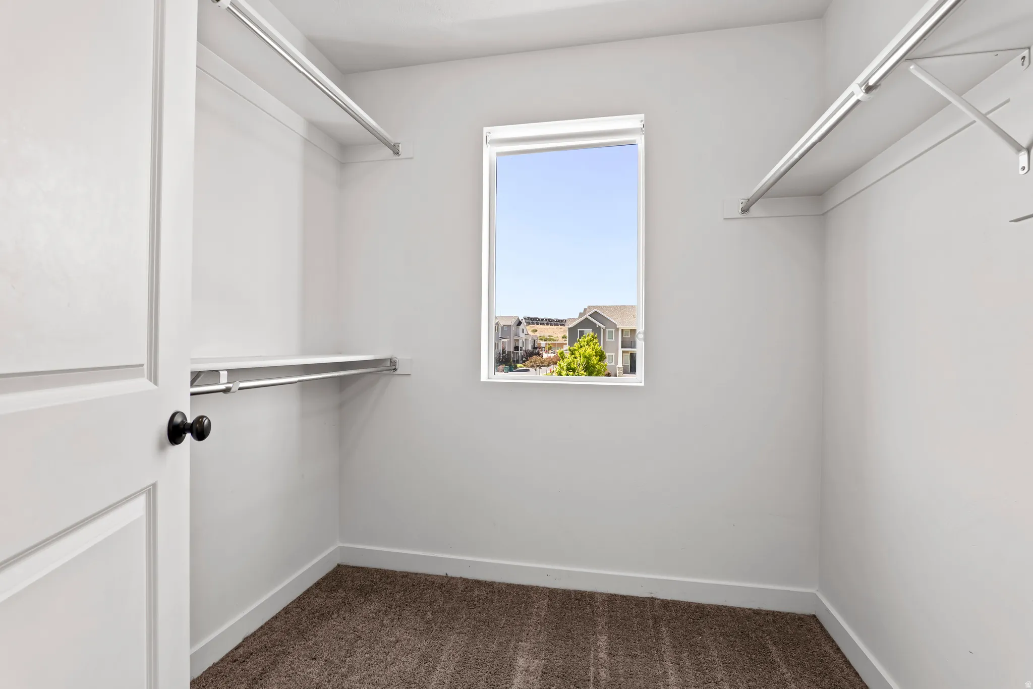 Walk-in closet featuring a window, built-in shelving, hanging rods, white walls, and neutral carpeting