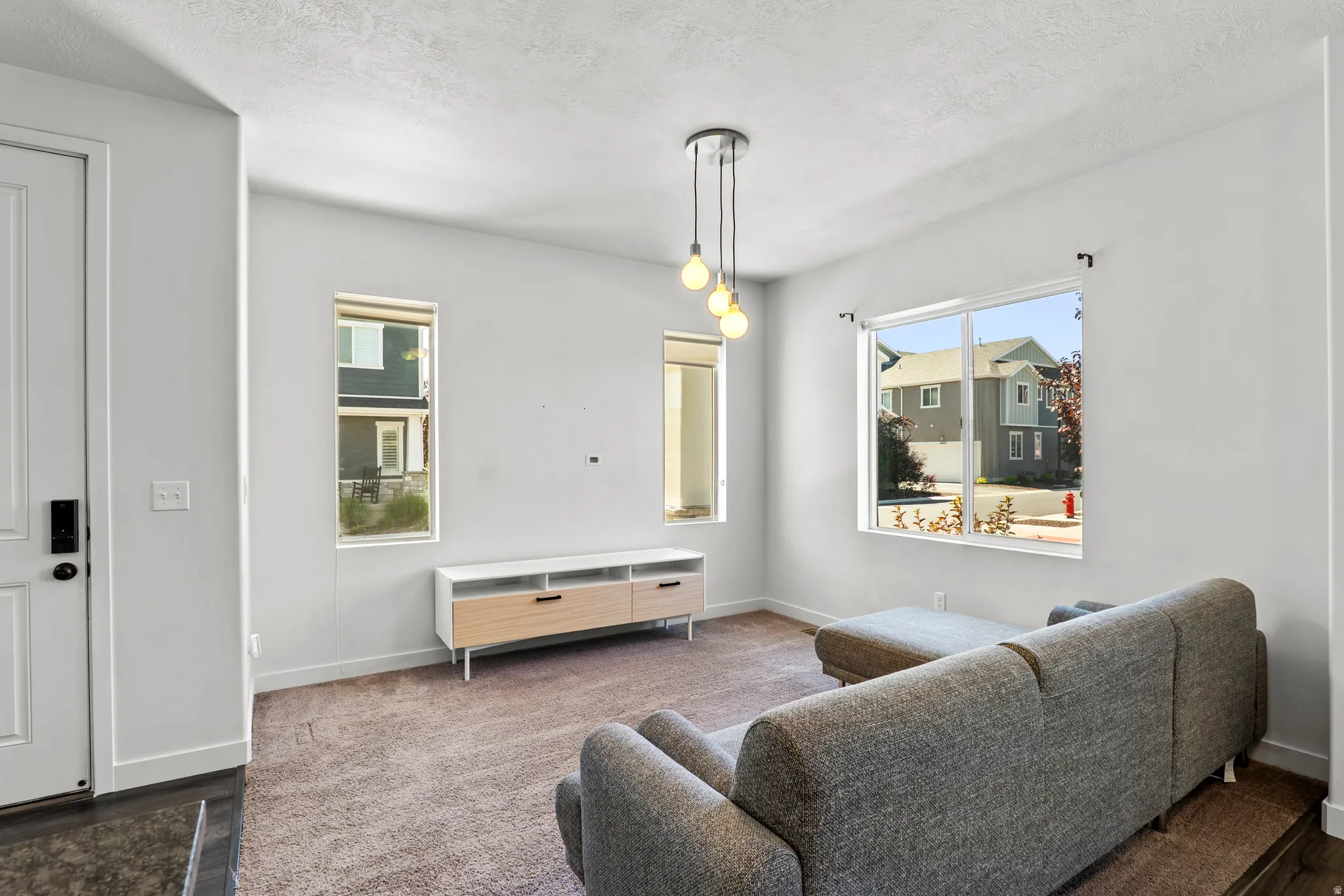 Living space featuring light gray walls, brown carpet, and a white entry door with black hardware