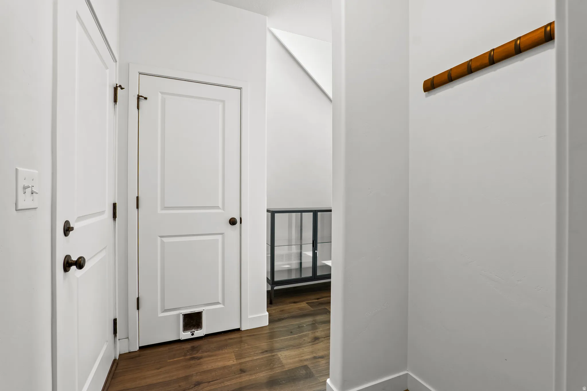 Entryway with wood-finish flooring, white paneled doors, and dark bronze door hardware